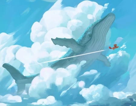 :-) - sky, vara, whale, summer, fantasy, airplane, white, art, cloud, blue, luminos, star academy