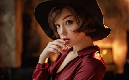 Brunette with Hat - brunette, girl, hat, portrait