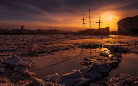 Sunset in the city - ice, sunset, harbour, sailing ship