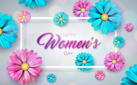 :-) - women, blue, card, flower, day, pink