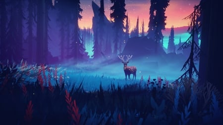 Deer - cerb, forest, luminos, pink, blue, sunset, fantasy