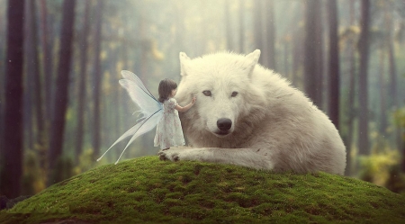 Her biggest friend - wolf, trees, forest, girl, artwork, wings, fairy