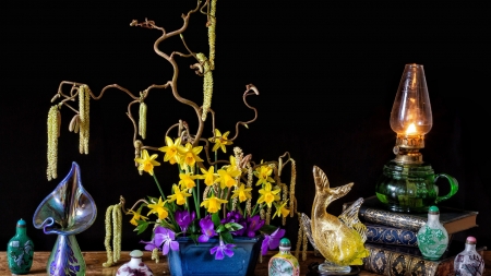 Still Life - flowers, spring, daffodils, books, light, glass