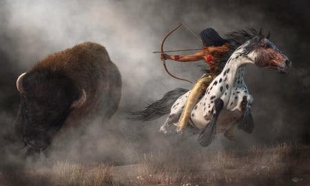 The Buffalo Hunt - warrior, indian, buffalo, hunting, Indigenous, Indiginous, Native American, horse