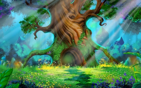 Fairytale garden - rays, magical, fantasy, fairytale, art, beautiful, enchanted, tree, garden