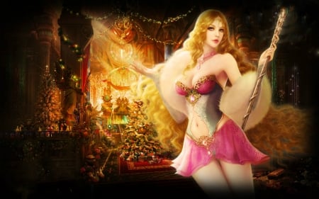 Gold Keeper - woman, girl, wallpaper, rod, fantasy, cg, art, pretty, castle, digital, blonde