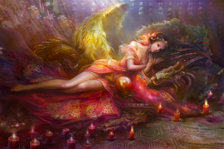 Princess and Dragon - digital, pretty, beautiful, girl, art, cg, fantasy, dragon, princess, woman