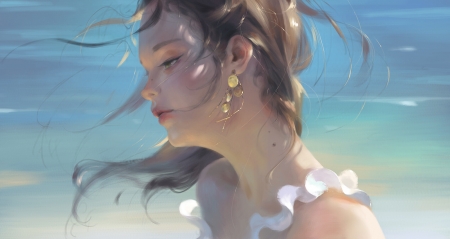 Sea breeze - summer, blue, sea breeze, girl, jewel, taejune kim, fantasy, face, art, vara, luminos