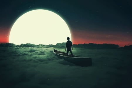 Twilight Trip - moon, fog, boat, night, man, art