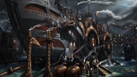 steampunk ship - ship, dragon, ocean, birds, steampunk