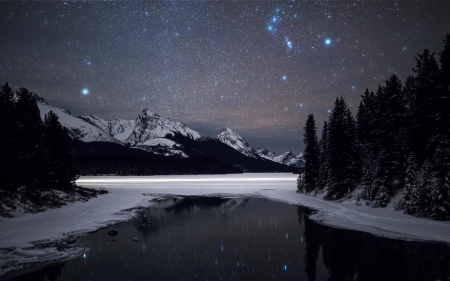 Maligne Lake - winter, Canada, snow, night, stars, sky