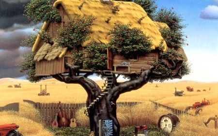 Tree Home - stairs, tractors, clock, field, fence, art