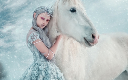 :-) - white, woman, princess, horse, girl, blue, cal, model