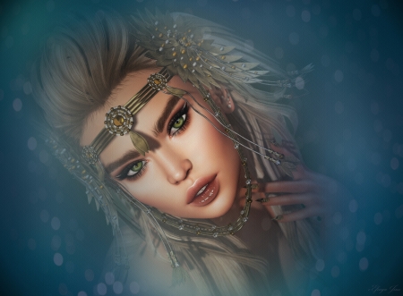 Beauty - face, feather, rendering, fantasy, luminos, girl