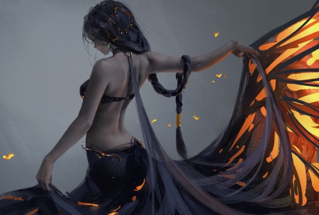 Dancer - dancer, frumusete, wlop, black, fantasy, aeolian, art, luminos, orange