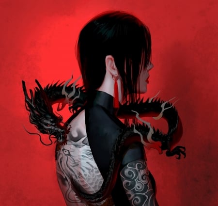 Dragon girl - tattoo, black, fantasy, dragon, red, girl, toraji