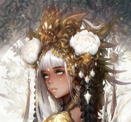 :-) - face, danhu moon, white, flower, fantasy, golden, girl