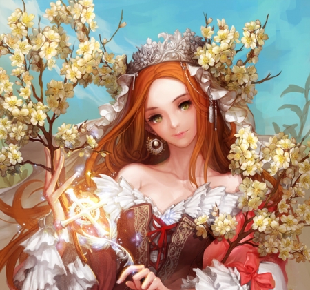 Queen - fantasy, redhead, blue, queen, girl, danhu moon, flower, luminos