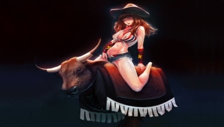 The Bull Rider . . - cowgirl, fantasy, bull, hats, cartoons