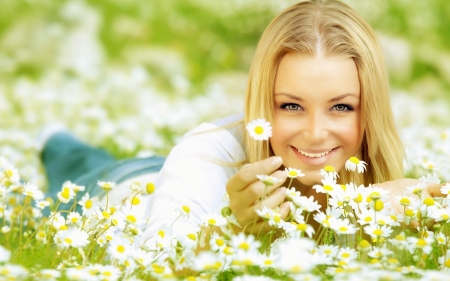 :-) - yellow, summer, blonde, flower, cowgirl, smile, white, hand, green, woman, model, field, vara