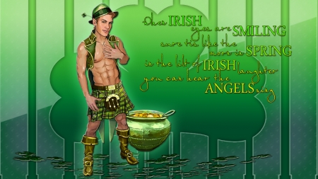 Irish Eyes - Guy - irish, irish eyes, shamrock, pot of gold, st patricks, st patricks day, kilt, man, green