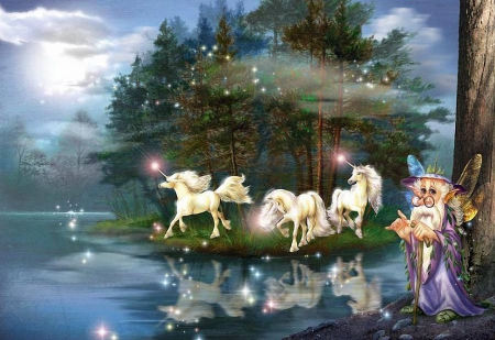 Elves Night - reflections, moon, fairytale, artwork, river, unicorns, water, moonlight