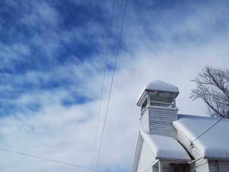 Snow Capped Church - trees, blue, snow, church, flowers, black, countryside, white, green, cloud, leaf, rust, sky, building