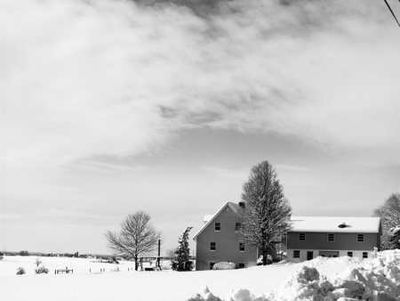 Country Bliss - cloud, black, road, flowers, chimney, rust, blue, countryside, white, sky, building, leaf, fields, trees, snow, green