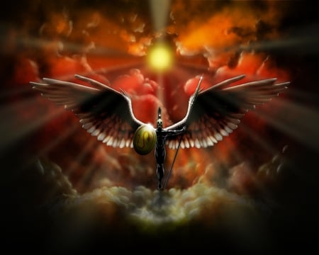 warrior angel - winged, black, dark, sun, spear, fire, wings, sky, clouds, angel