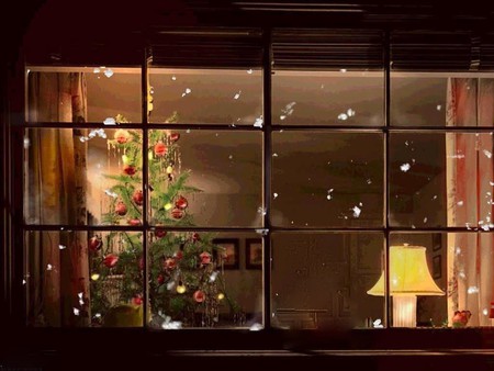 HOUSE IN SNOW - decorated, window, glass, winter, house, christmas