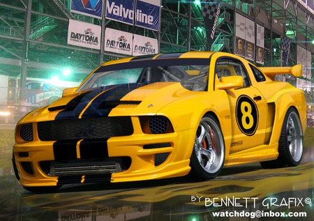 Mustang by Night - lights, v8, horsepower, auto, sidewinder, car, cobra, mustang, eight ball, custom wheels, daytona, race, fast, neon, pretty, yellow, night, bennett grafix, ford, speed