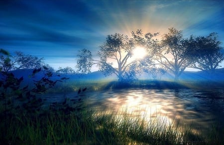 DAY BREAK - sunrays, trees, sunset, blue, lake