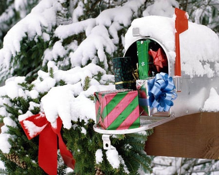 Christmas Gifts - christmas, mail box, trees, people, gifts, holiday, snow