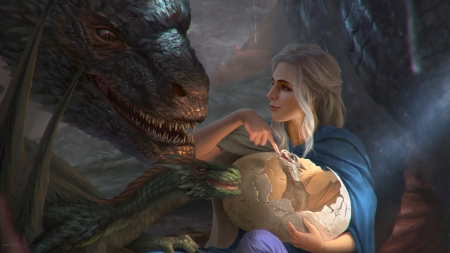 Daenerys with his dragons - b03di, fantasy, game of thrones, egg, dragon, luminos, daenerys targaryen, girl