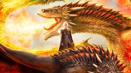 Mother of dragons - of thrones, mother, game, orange, dragon, daenerys targaryen, girl, art