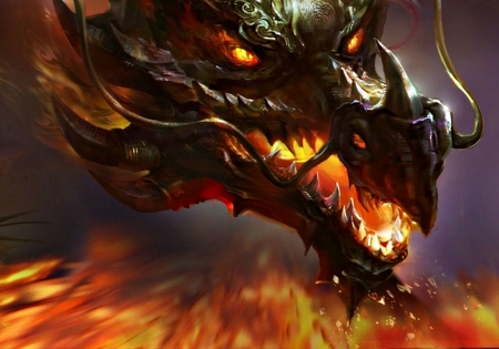 Dragon - black, fantasy, rongrong wang, dragon, fire, orange