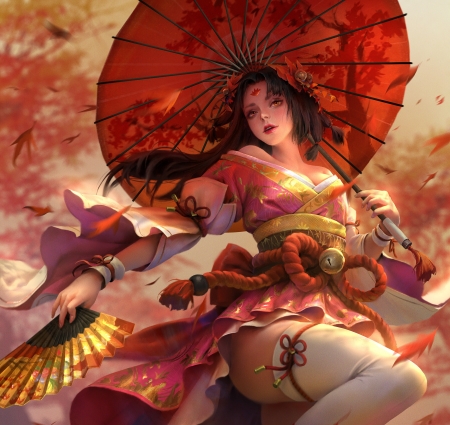 Princess of Tatsuta - hand fan, francis tneh, girl, frumusete, fantasy, wind, umbrella, parasol, autumn, red, princess, leaf, luminos