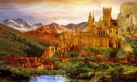 City of Gold - mountains, golden, medievil, castles