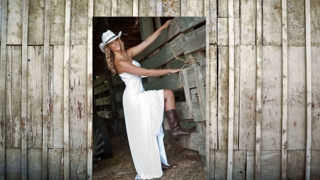 Hangin' In The Barn . . - women, boots, hats, dress, western, cowgirl, style, blondes, barn, ranch