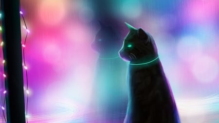 Black cat - cat, pisici, black, fantasy, rico de zoysa, garland, halloween, pink, blue, lights