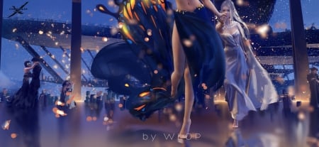 Come with me! - ballroom, aeolian, wlop, dress, girl, elf, fantasy, el, princess, couple, art, luminos