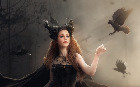 Maleficent - hosne qanadelo, girl, fantasy, black, bird, raven, maleficent, witch, pasari, hand, luminos, fairy