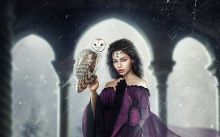 Princess - hosne qanadelo, princess, girl, frumusete, black, fantasy, superb, bird, gorgeous, purple, pasari, luminos, bufnita, owl