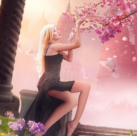 Spring - hosne qanadelo, dove, girl, frumusete, black, spring, bird, pasari, pink, luminos, blonde, flower, dress