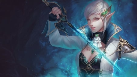 Elf - white, sword, fantasy, elf, girl, blue