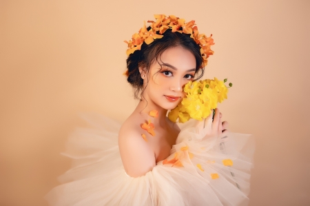 Beauty - yellow, woman, model, girl, orange, flower, asian