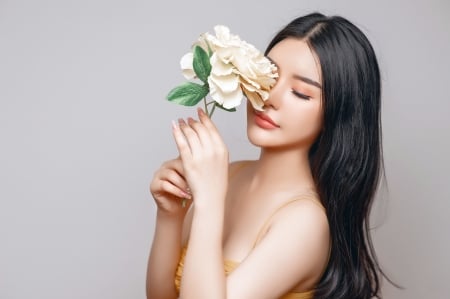 Beauty - peony, white, woman, model, girl, flower, asian