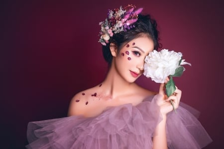 Beauty - white, woman, girl, pink, peony, asian, model, flower