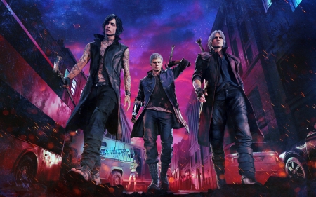 Nico, Dante and Nero - nico, pink, game, blue, devil may cry, fantasy, trio, dante, nero, luminos, man