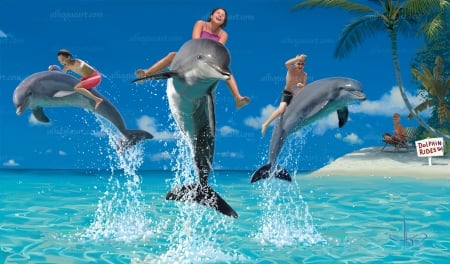 Dolphin Riders - dolphins, palms, people, beach, digital, artwork, sea